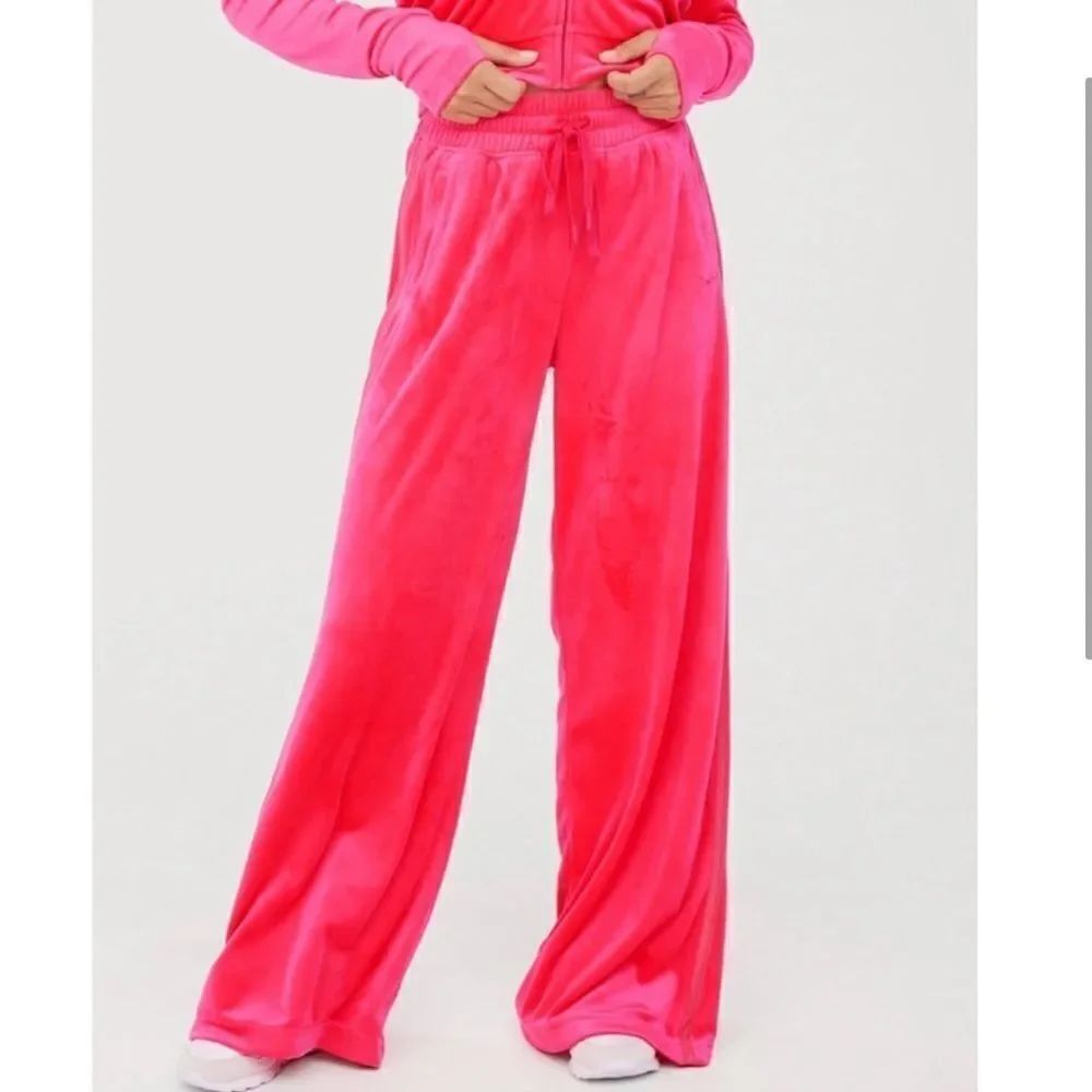 Aerie Bright Lights Velour High Waisted Wide Leg Pants Rose Pink